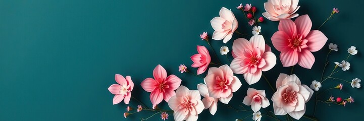 Delicate floral arrangement on dark teal background with intricate paper flowers in various shades of pink and white, natural flowers, floral design, paper flower art