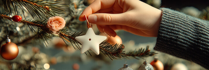 A hand delicately hangs white star ornament on beautifully decorated Christmas tree, surrounded by festive ornaments and soft lighting, evoking warm holiday spirit