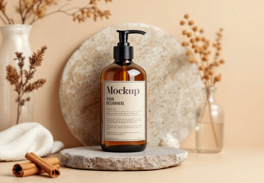  Minimalist Natural Skincare Bottle Mockup with Rustic Decor Elements with Generative AI