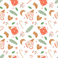 Christmas seamless pattern with hot drinks, sweets and winter plants