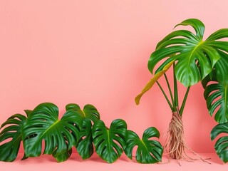 Obraz premium Monstera pinnatum stems with aerial roots and vibrant green leaves on a coral pink hued background, summer, foliage, tree