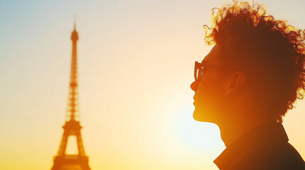 A silhouette of person with curly hair against vibrant sunset, featuring Eiffel Tower in background. scene evokes sense of wonder and tranquility