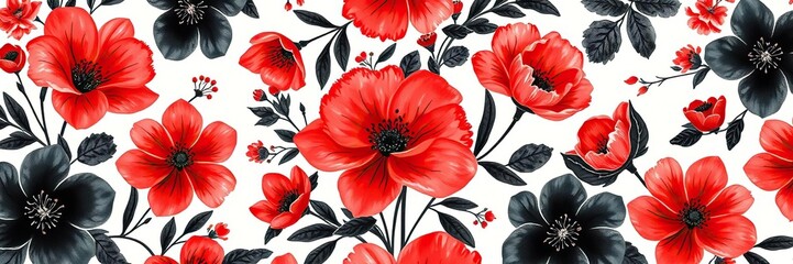 Fototapeta premium Red and black exotic flowers watercolor washi paper design in repeating floral pattern, tropical flowers, wallpaper