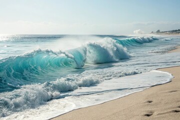 Obraz premium Soft blue ocean wave breaking over the shore of a fine sandy beach with waves rolling in with foam and mist creating a soothing melody, ocean wave, waves, sound of waves, natural scenery