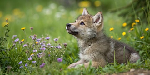 Fototapeta premium Soft focus of a wolf cub sitting on the grass, looking up at the sky with big brown eyes surrounded by greenery and wildflowers, forest floor, innocent face, furry animal, playful pose