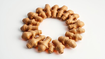 Obraz premium Softly glowing ginger roots arranged in a circular pattern on a white background, nature-inspired art, floral arrangement