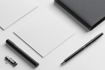 Minimalist workspace with blank notepads, black pen, and binder clip, creating clean and organized atmosphere for productivity and creativity