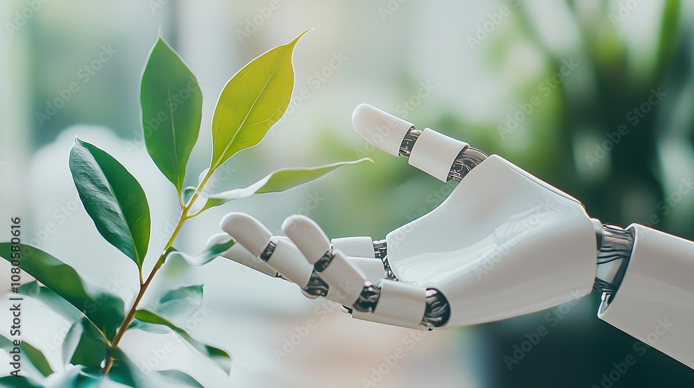 Poster conceptual image of a plant-based hand reaching towards a robotic arm, representing harmony between 