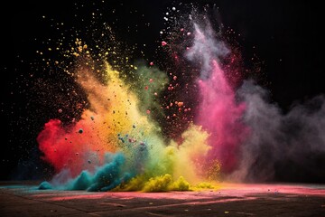 Fototapeta premium A dark background splattered with colorful powders and paints in a chaotic explosive mix of colors and shapes creating a visual feast, explosion, powders, colors, energetic