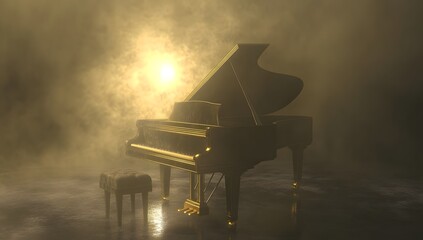 A grand piano with a spotlight on stage against a foggy background. The piano is black and gold in color, creating an ultra-realistic scene.