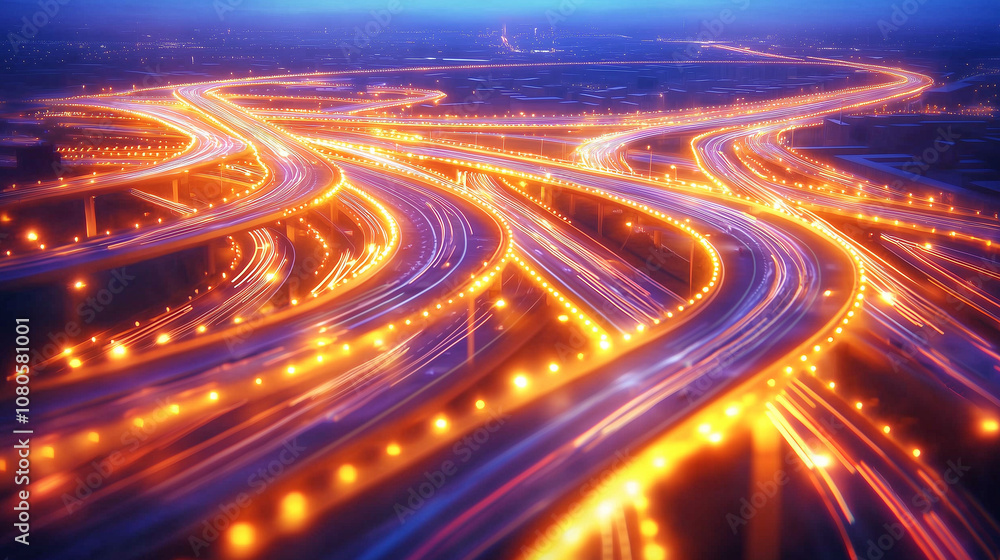 Poster top-down view of a complex highway interchange with light trails showing the movement of vehicles, r