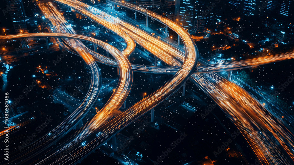 Poster top-down view of a complex highway interchange with light trails showing the movement of vehicles, r