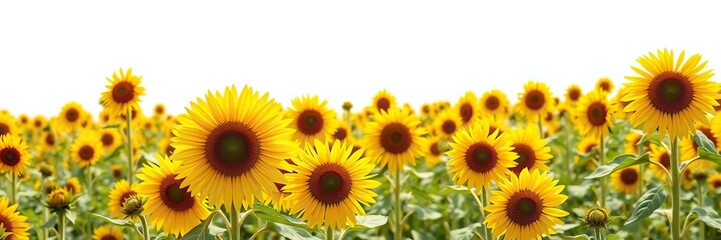 Fototapeta premium Field of bright yellow sunflowers in a sunny meadow on a white background, farm scenery, flower arrangement, sunflower field