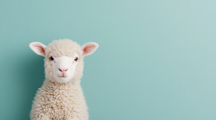 Obraz premium Fluffy lamb with soft wool against pastel blue background, exuding sense of innocence and charm. This adorable animal captures attention with its curious expression