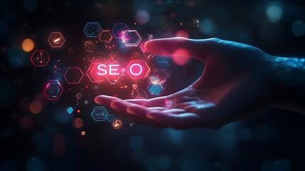 A hand holding the hologram word SEO and other marketing