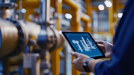 Technician using a tablet with augmented reality to inspect and maintain industrial equipment. The AR overlay highlights specific machine parts, aiding in the repair and maintenanc