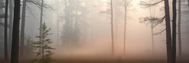 Obraz premium Misty dawn in the forest with soft watercolor background and pastel colors of morning light, soft bokeh, nature scene