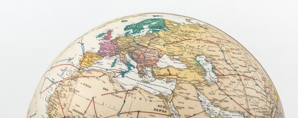 A detailed globe highlighting Europe with geographical features and borders.