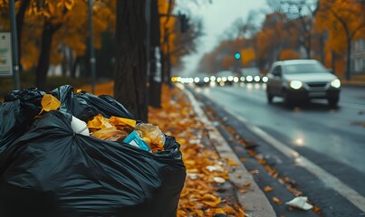 Black garbage bags with trash on the city street, in the autumn season, with cars driving in the background. View from the side of the road, in close-up.