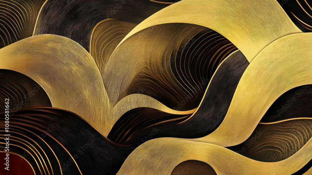 Poster abstract golden and black wave pattern with a textured surface.