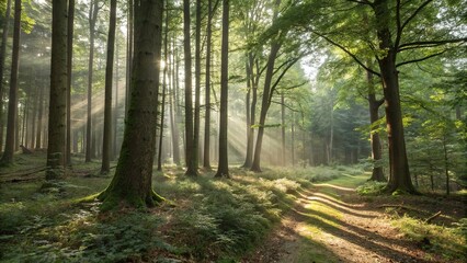Obraz premium Panorama view of a serene forest with sunlight filtering through the trees, casting dappled shadows on the forest floor, forest, foliage, landscape, sunbeams
