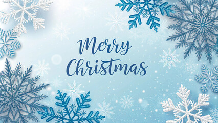 Festive Winter Greeting Card with Intricate Snowflake Illustrations, Merry Christmas Typography, Blue Gradient Background, and Frosted Icy Effect