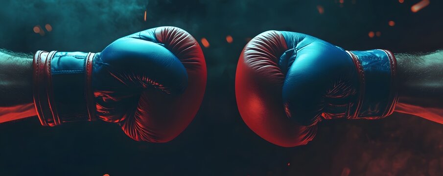 Red and blue boxing gloves on the hands of two boxers, with an epic battle background. Copy space for text. Stock photo, stock photography, 