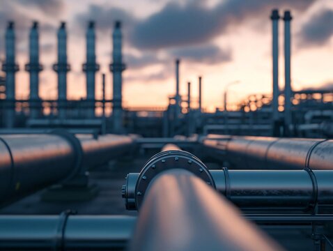 Industrial pipelines converge at sunset, showcasing structured design and function in an oil refinery setting.