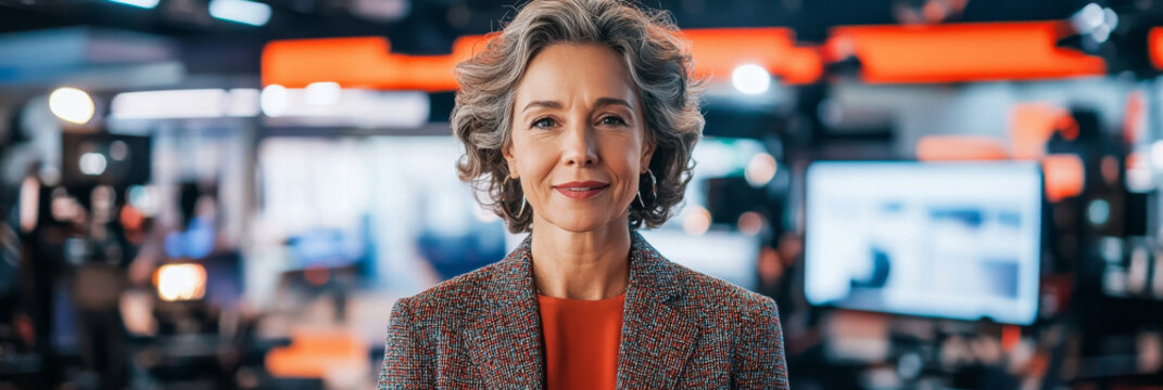 A confident woman stands in modern news studio, surrounded by cameras and screens, exuding professionalism and poise. Her expression reflects determination and readiness for news ahead