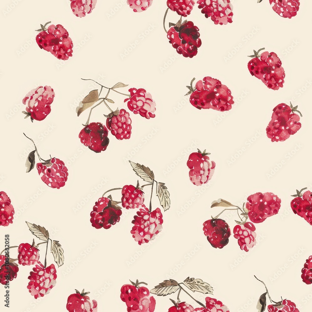 Poster charming raspberry fruit pattern design seamless fabric for textiles minimalist aesthetic soft color