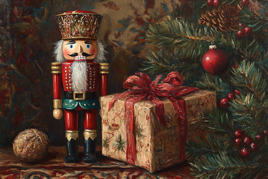 Naklejki A traditional nutcracker doll stands beside a wrapped gift, with a festive pine branch and red ornament in the background, creating a quintessential Christmas scene
