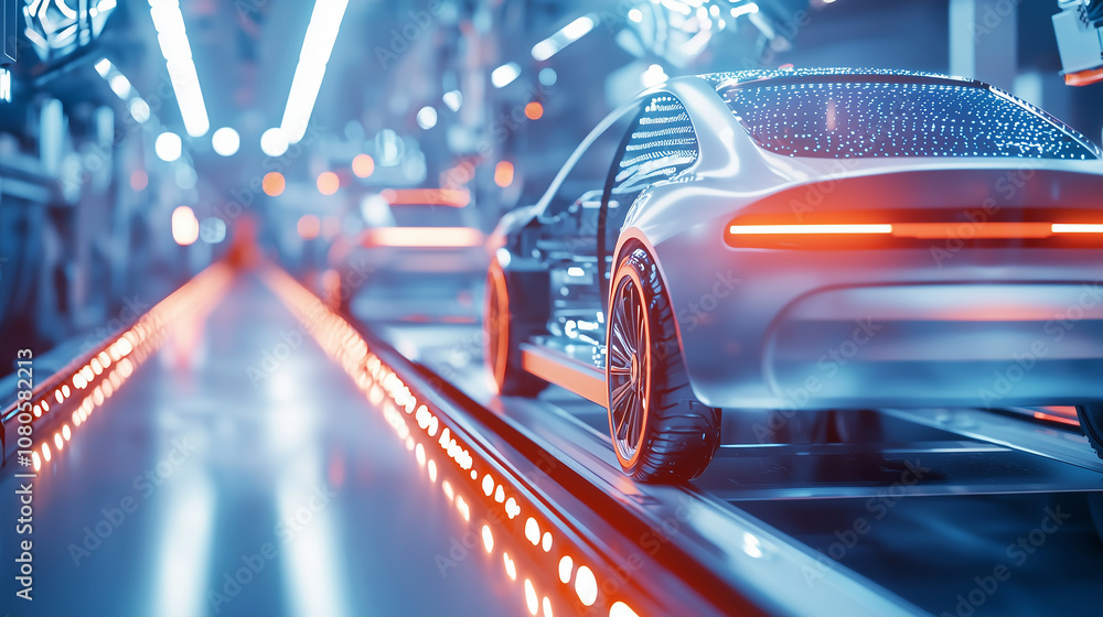 Poster automated car assembly line featuring synchronized robotic machinery building vehicle frames in a hi