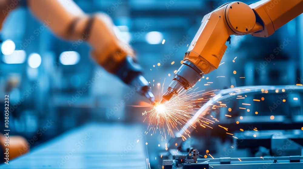 Poster robotic arms welding car frames on an automated assembly line in an advanced manufacturing plant, sy