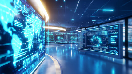 Modern command room filled with analysts working on interconnected screens, surrounded by virtual data layers, illustrating the complexity of digital systems management and real-ti