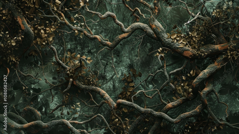 Poster surreal forest texture background with twisted tree branches and surreal woodland creatures, evoking