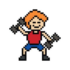 Cute pixel cartoon 8bit character man weight training with dumbbell lifestyle lifting gym decoration life style 8 bit male boy weight fitness isolated PNG vector.