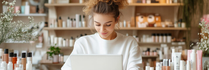 A young woman with curly hair is focused on her laptop in beauty store filled with various skincare products. warm atmosphere and her concentration create positive vibe