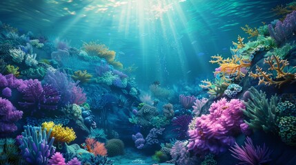 Naklejka premium Surreal underwater texture background showcasing vibrant coral reefs and surreal marine life, transporting viewers to an enchanting underwater world