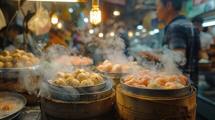 Obraz premium Steaming delights savory siu mai and fluffy buns at a bustling hong kong street market culinary wonderland vibrant atmosphere close-up view