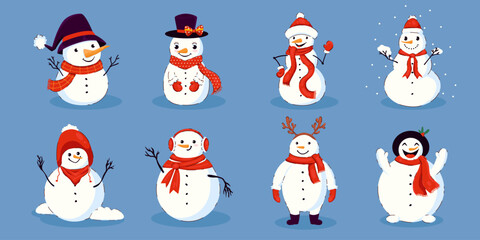 Cute Collection of Cartoon Snowman Icons, decorated with Scarfs, Hats and Gloves. Funny simple Christmas characters isolated on blue background in hand drawn flat style. 