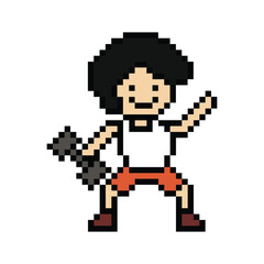 Cute pixel cartoon 8bit character man weight training with dumbbell lifestyle lifting gym decoration life style 8 bit male boy weight fitness isolated PNG vector.