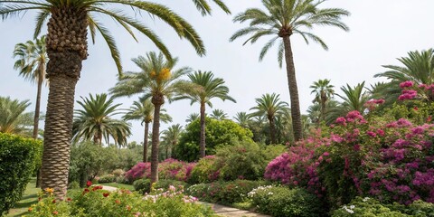 Fototapeta premium Lush environment with palm and flowering plants, nature, dark background, exotic, jungle