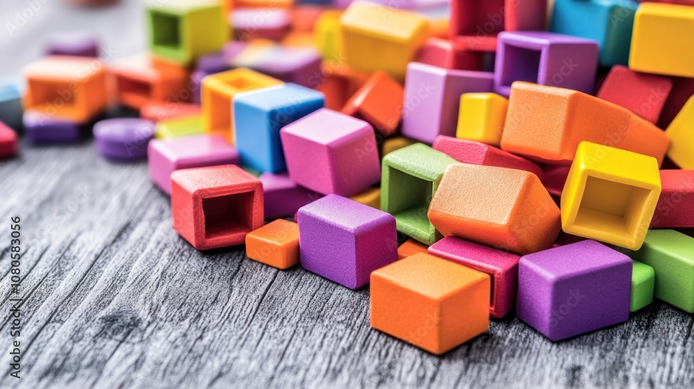 Poster a colorful assortment of geometric blocks scattered on a wooden surface, ideal for play and learning