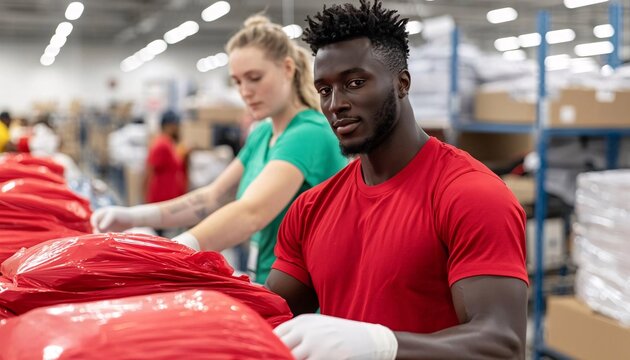 Two diverse workers efficiently sorting and packaging items in a modern warehouse environment.