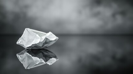 A crumpled silver paper boat rests on a reflective surface, creating a serene atmosphere.