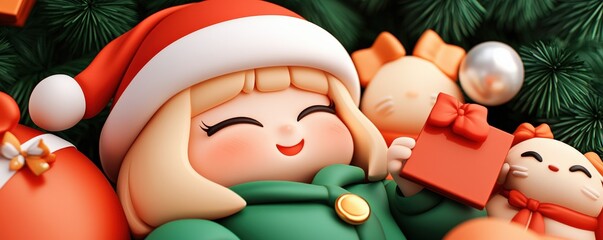 Fototapeta premium A cheerful cartoon girl in a Santa hat smiles amid holiday decorations, including gifts and cute animals, exuding a joyful Christmas spirit.