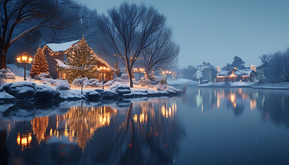 Fototapeta premium serene winter lake scene with festive lights and reflections