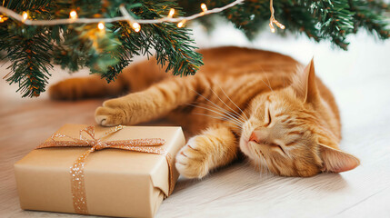 Ginger cat playing with garland and gift box under Christmas tree. Christmas and New year concept 2025