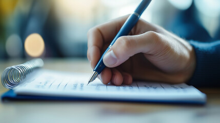 Hand with pen writing on calendar page closeup
