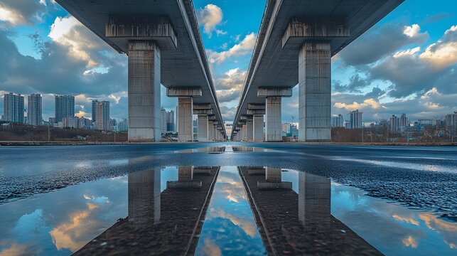 Dramatic perspective of elevated highway bridge features wet reflective road surface and concrete pillars against blue sky, capturing modern urban infrastructure.